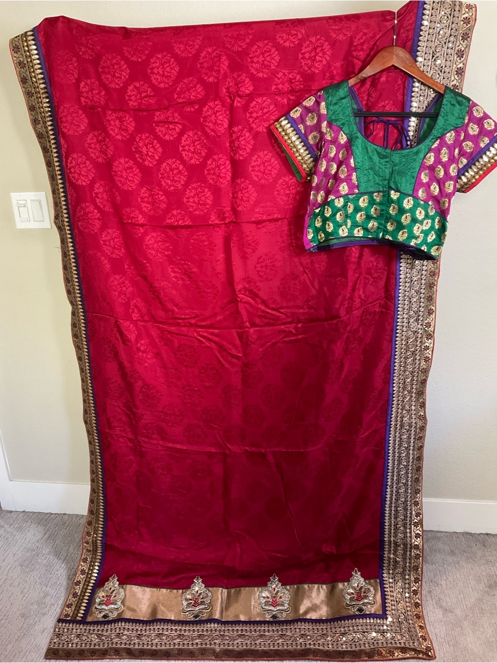 Elegant Red Saree with Green & Purple Embroidered Blouse - Women Sarees Formal